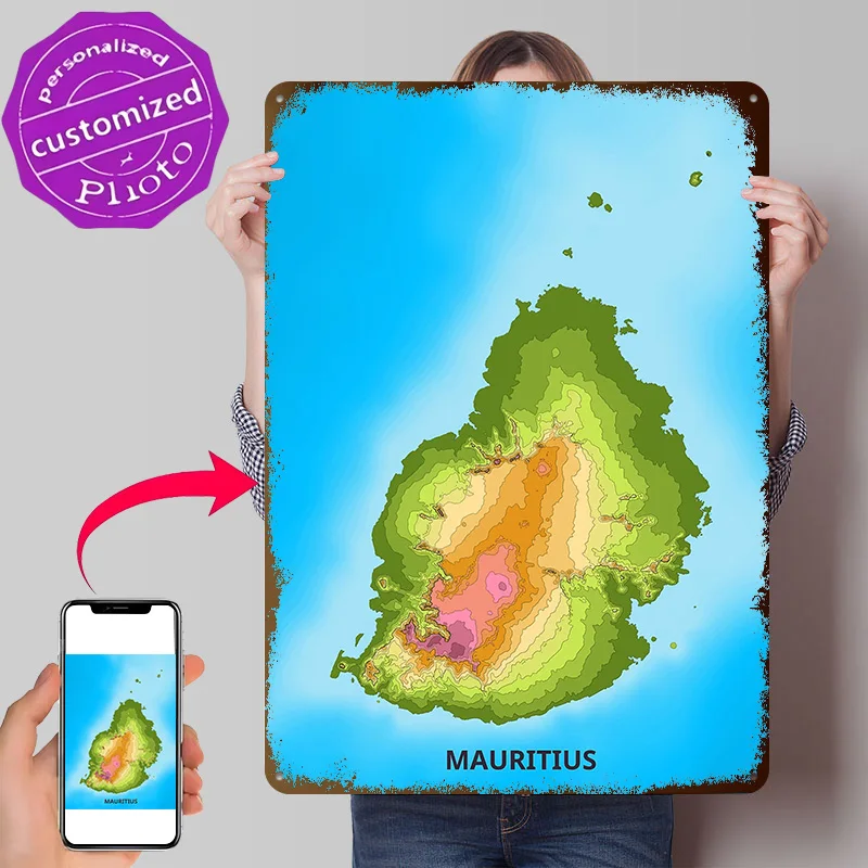 Mauritius Topographic Map 3D Texture Printed Poster Custom Vintage Metal Tin Plate Sign for Wall Art Gaming Room Decoration Man