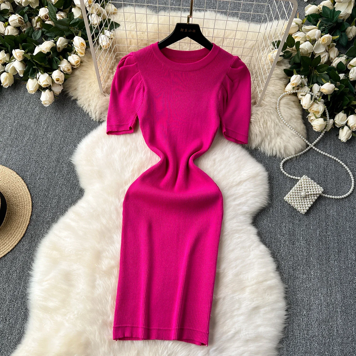 2024 Summer Solid Knit New Sexy O Neck Dress Women Short Puff Sleeve Elatic Waist Bodycon Sundress Female Beach Midi Long Dress