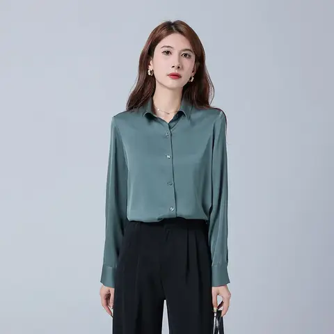 Silk Shirt Women Spring Office Style Simple Mulberry Silk Shirt Long Sleeve Solid Color Square Collar Cardigan Loose