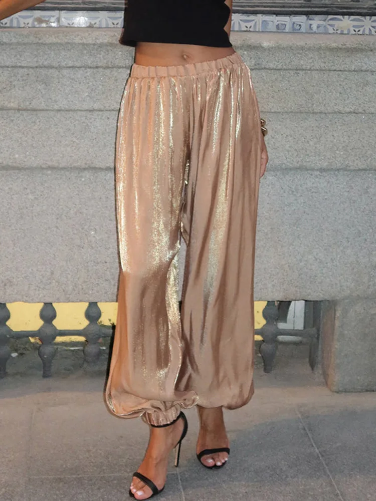 Mueyaruho 2026 Summer Autumn Women Shimmer Lantern Bloomers Pants Loose Crepe Baggy Harem Balloon Trousers Pants For Women