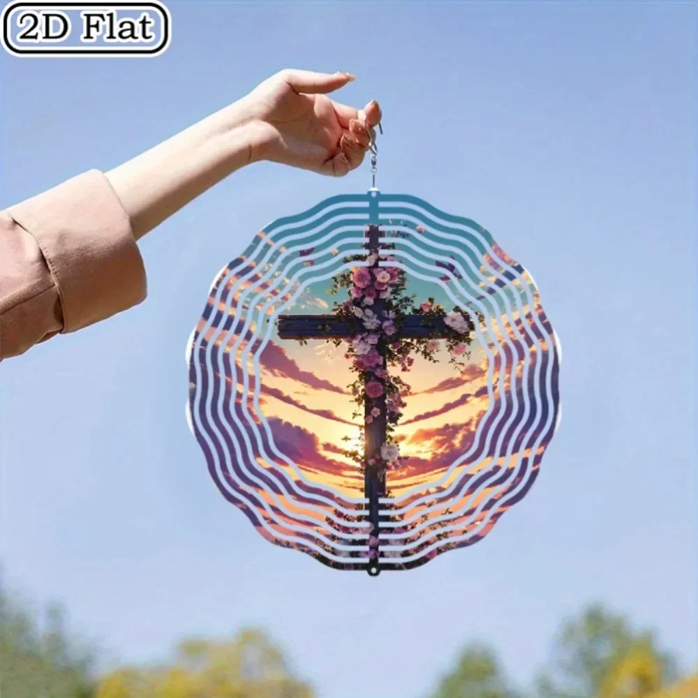 CIFBUY 3D Kinetic Wind Spinner Sculpture Colorful Reflective Metal Blades Floral Cross Hanging Decor Outdoor Garden Yard
