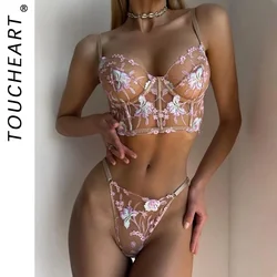 Toucheart 2 Piece Set Colorful Flower Embroidery Sexy Lingerie Bra For Women Mesh See-Through Printing Sexy Underwear Suit New