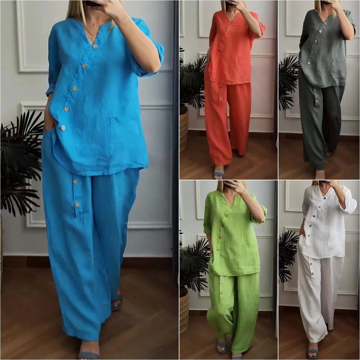 Women Casual Long Pants Sets Solid Color V-neck Button T Shirt Wide Leg Trousers Two Piece Set Trendy Lady Summer Clothing Suit