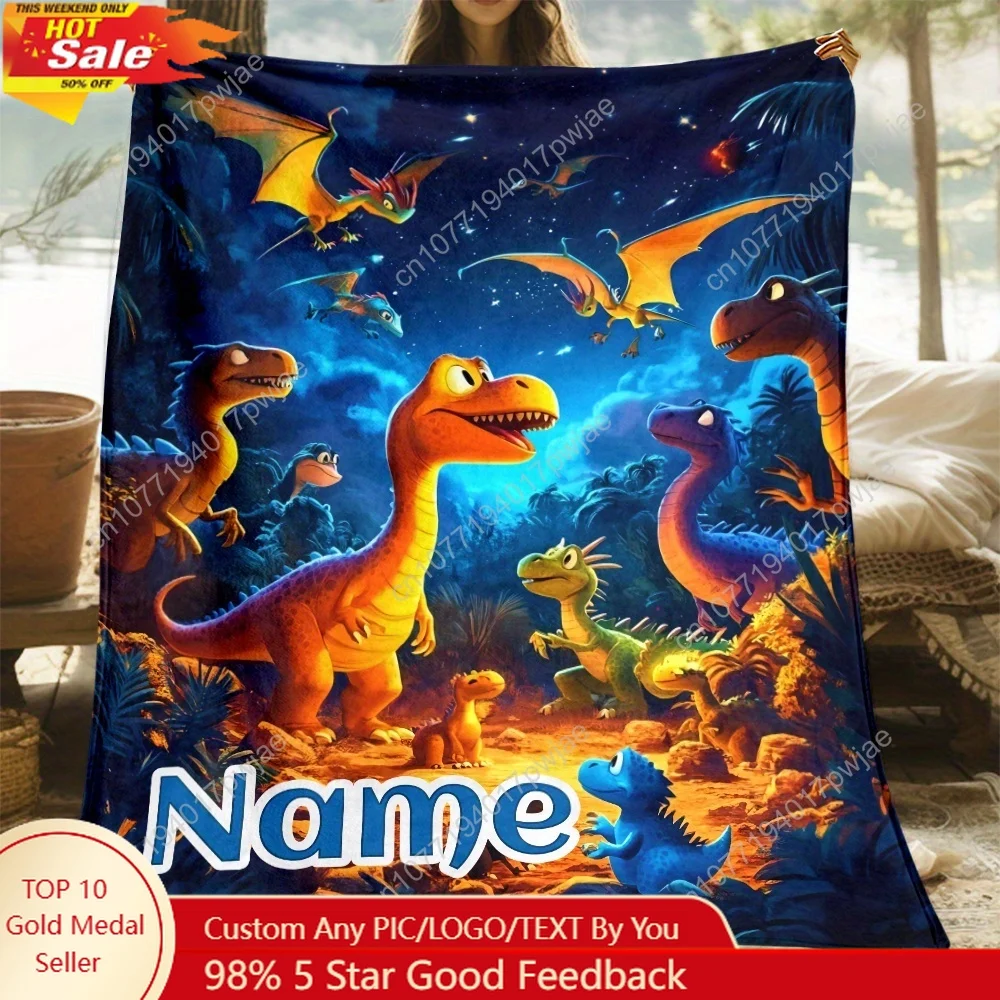 

1pc Custom Name Cute Dinosaur Family HD Print Blanket - Lightweight Flannel Throw for Sofa, Bed, Travel, Livingroom, Office, Cou