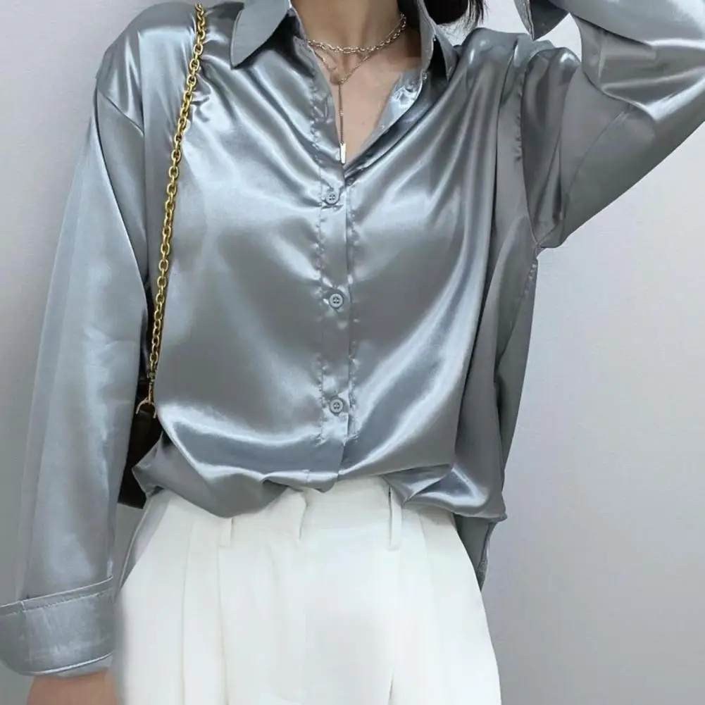 Satin Shirt Womens Clothing Silk Shirts Vintage Blouse Office Lady Sheer Top Lapel Single-breasted Solid Women Shirt Blouse