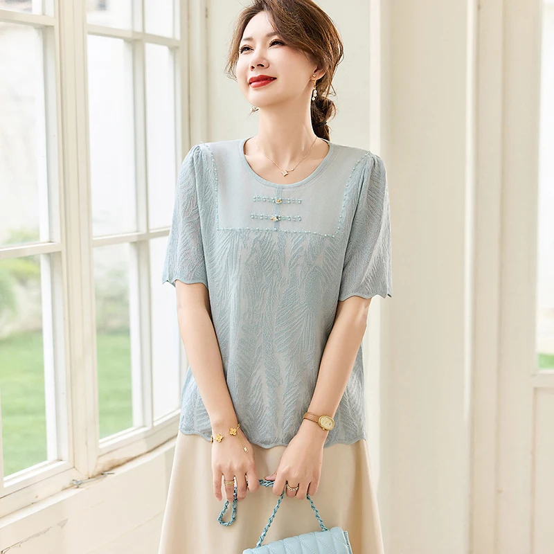 

Faionable ort Sve Ice Silk T-irt Women's Mid-aged Summer Clothing Korean Sle Loose Fit round Ne Top for Mom