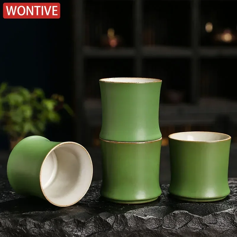 Taza de té conjunta de bambú, taza maestra de esmalte verde de gres, taza creatividad de cerámica paso a paso ascendente