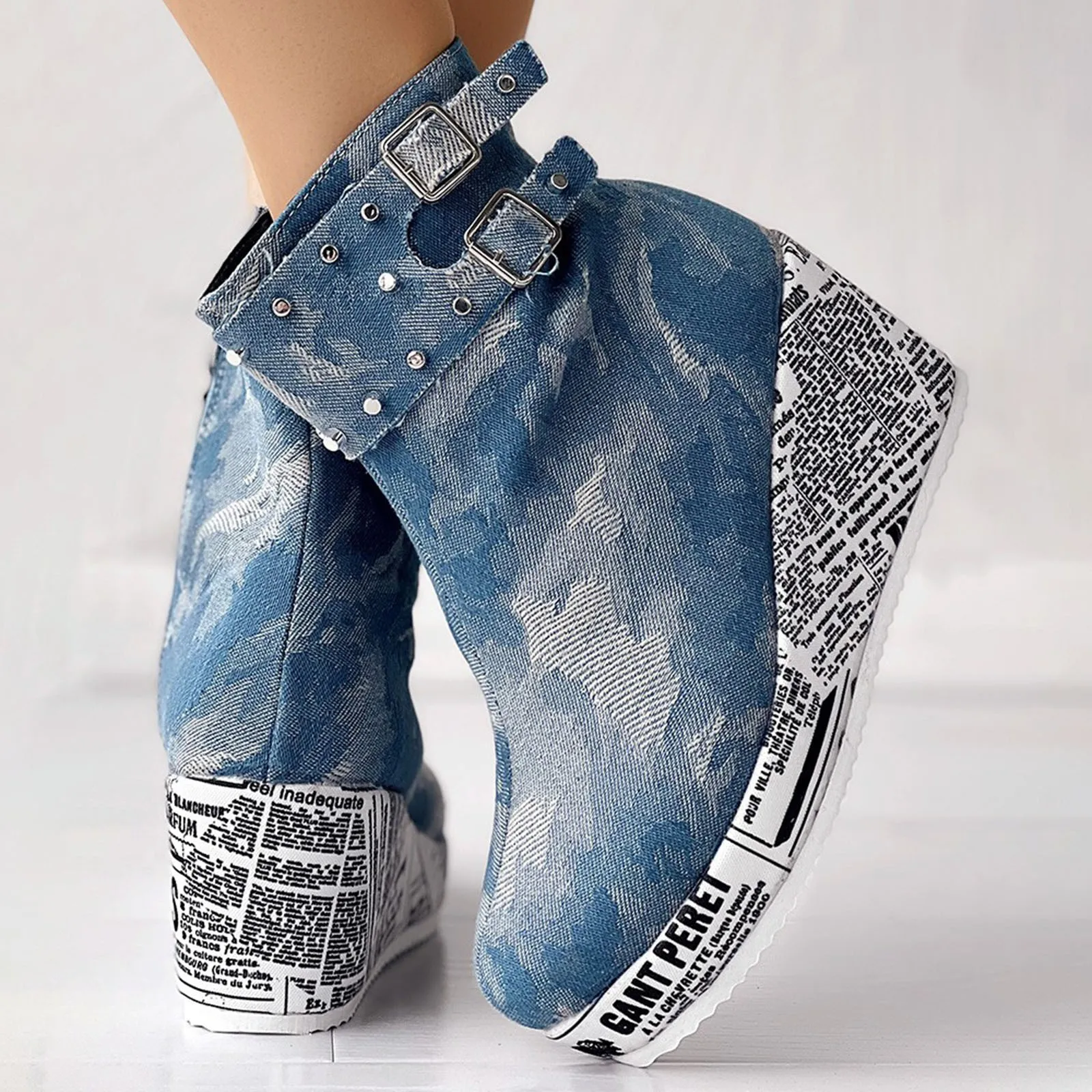 Y2K Women Boots Denim Fabric Fashion Printed Wedges High Heels Rhinestone Decro Ankle Boots Platform Vintage Ladies Winter Boots