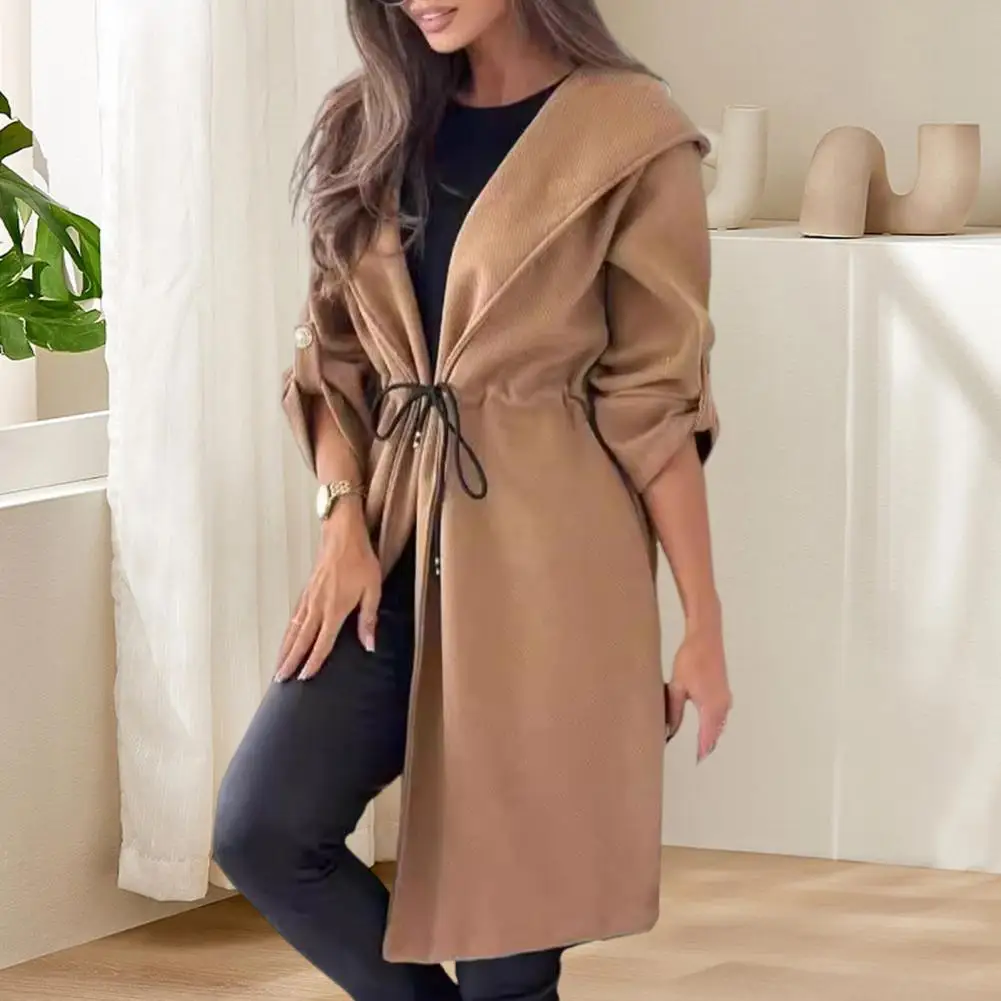 Women Trench Caot Winter Drawstring Slim Waist Hooded Lady Coat Solid Color Mid Length Long Sleeve Overcoat With Cufflinks