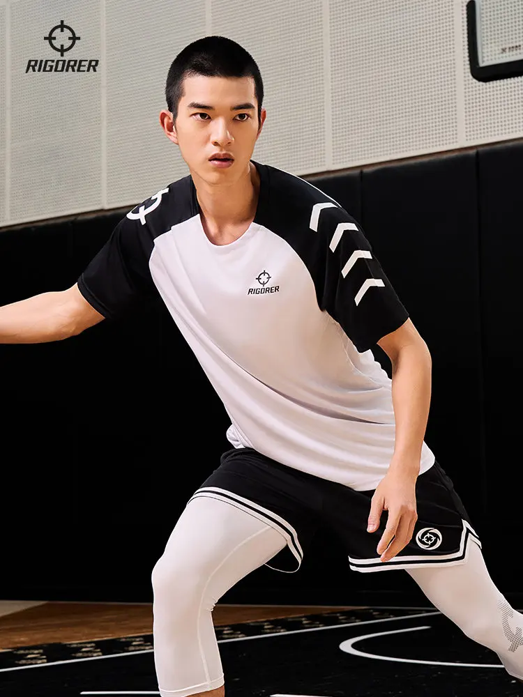 

Модная повседневная футболка RIGORER для баскетбола с коротким рукавом, легкая, дышащая, облегающая, однотонная, с круглым вырезом, спортивный топ