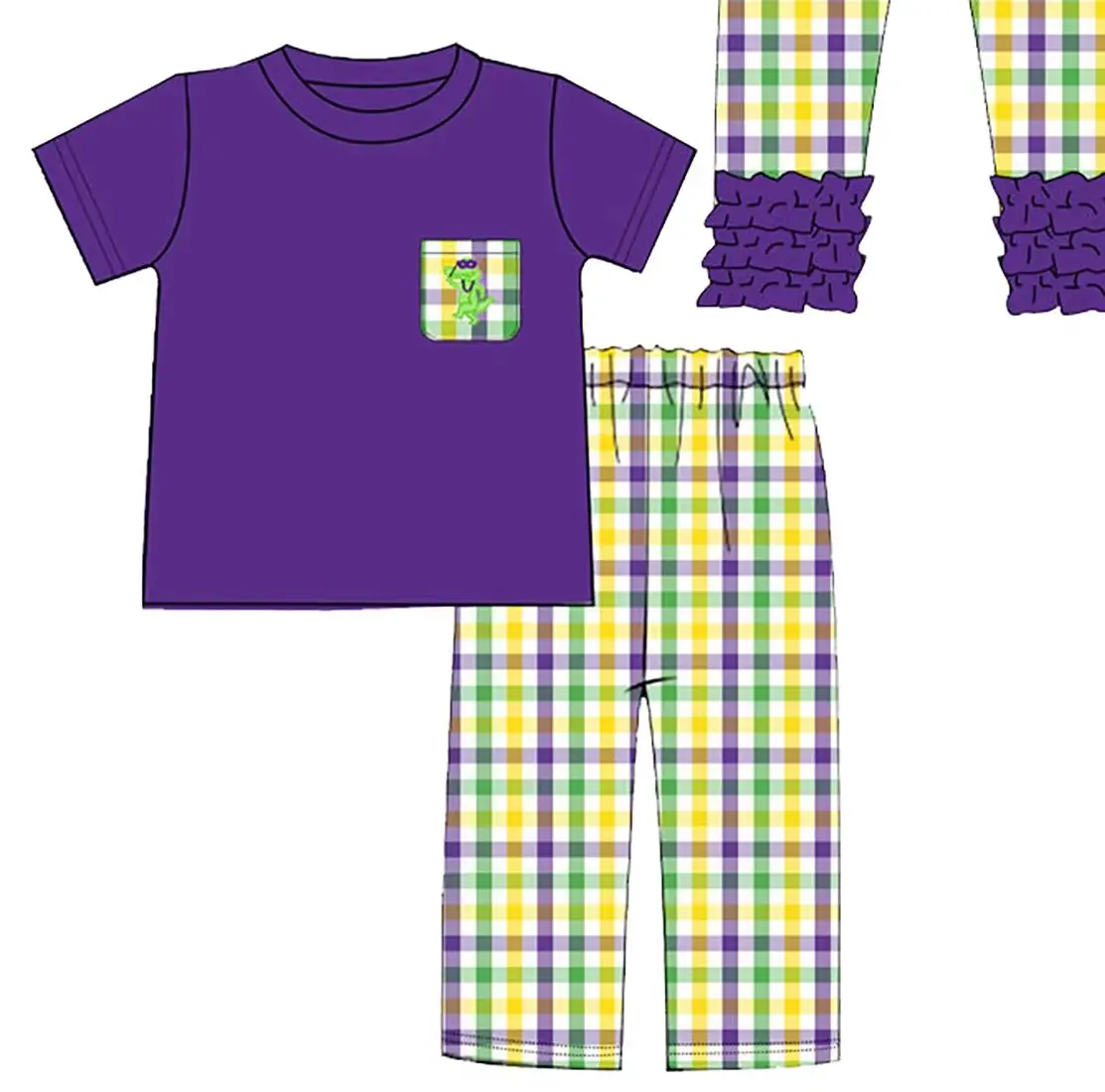 Kids Mardi Gras Outfit Purple Mask Print Gingham Ruffle Pants Set Jumpsuit Toddler Baby Carnival Boutique Clothing