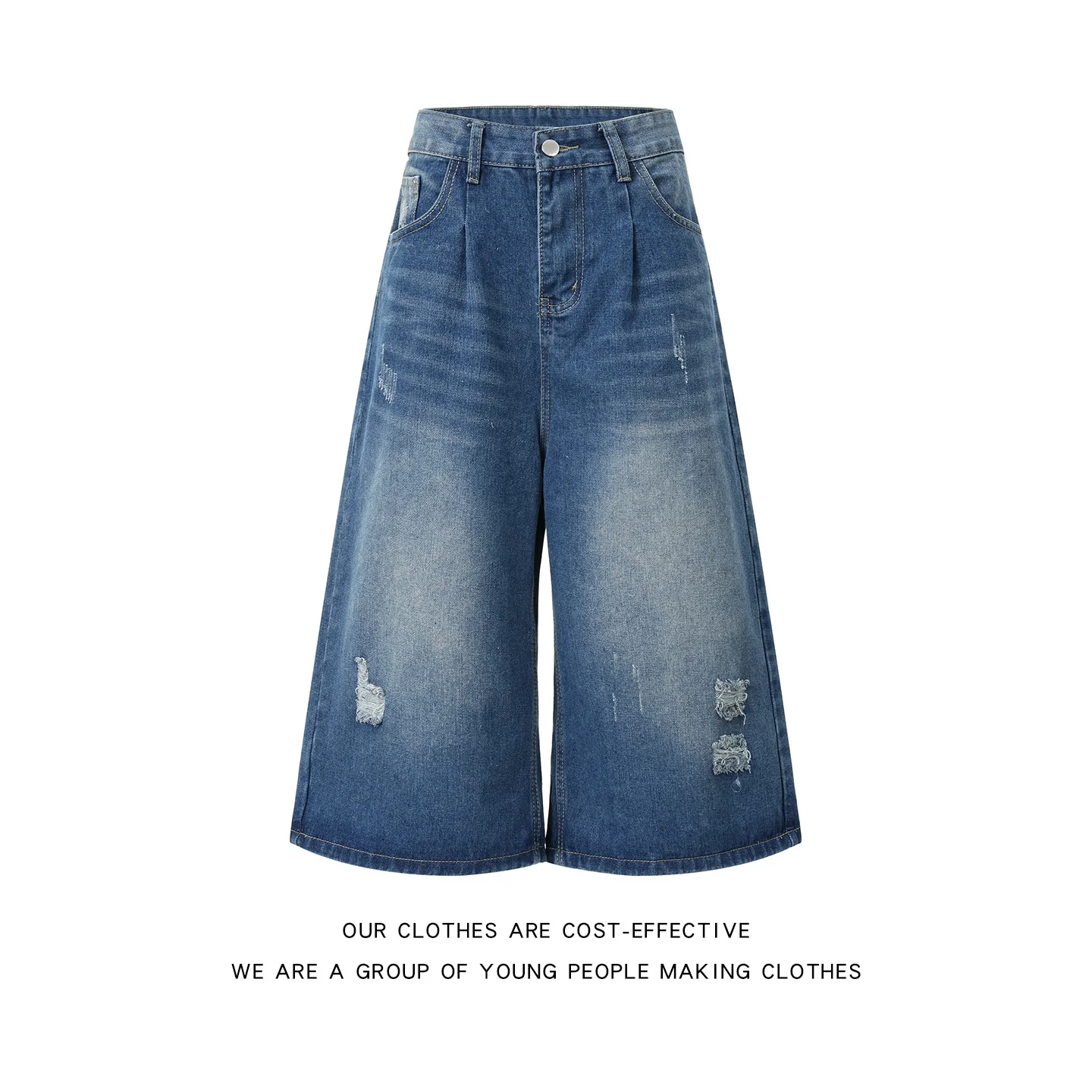 

Trendy High Waist Distressed Denim Jeans Loose Straight Leg Short Shorts for Men And Women Summer Casual Wear Washed Effect