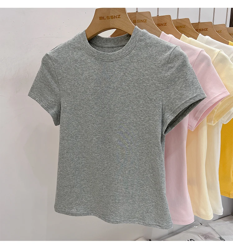 AOSSVIAO 2026 Summer Solid Color Women's Short Sleeve T-Shirt American Vintage Y2K Slim Basic O-Neck Tee Trendy Slim Fit Tops