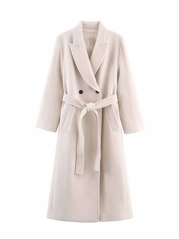HH Frau Winter Mode Gemischte Stoffe Gürtel Zweireiher Revers Lange Ärmel Mantel Weibliche Pendeln Vielseitig Langen Mantel