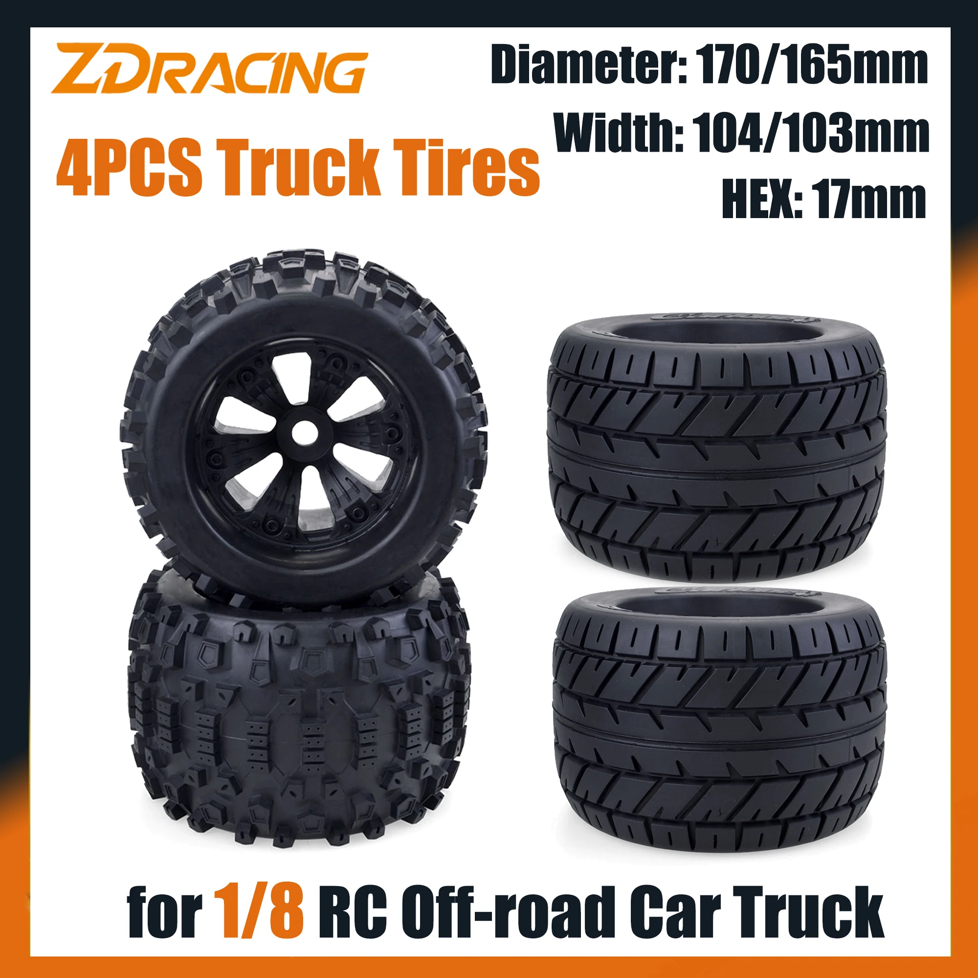 4PCS ZD Racing 170/165mm 17mm HEX Monster Truck Tires Wheels for 1/8 RC Car Redcat Rovan HPI Savage XL MOUNTED GT FLUX HSP Part