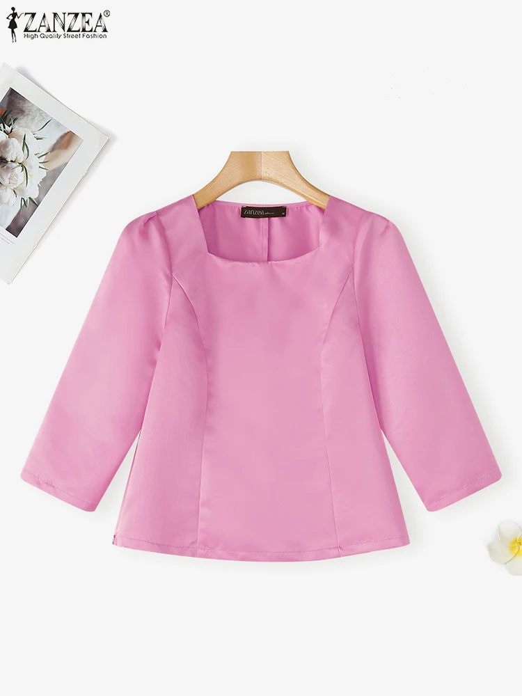 

ZANZEA Satin Silk Blouse Women Elegant Office Work Wear Tops 2025 Fashion 3/4 Sleeve Tunic Casual Square Neck Blusas Oversized