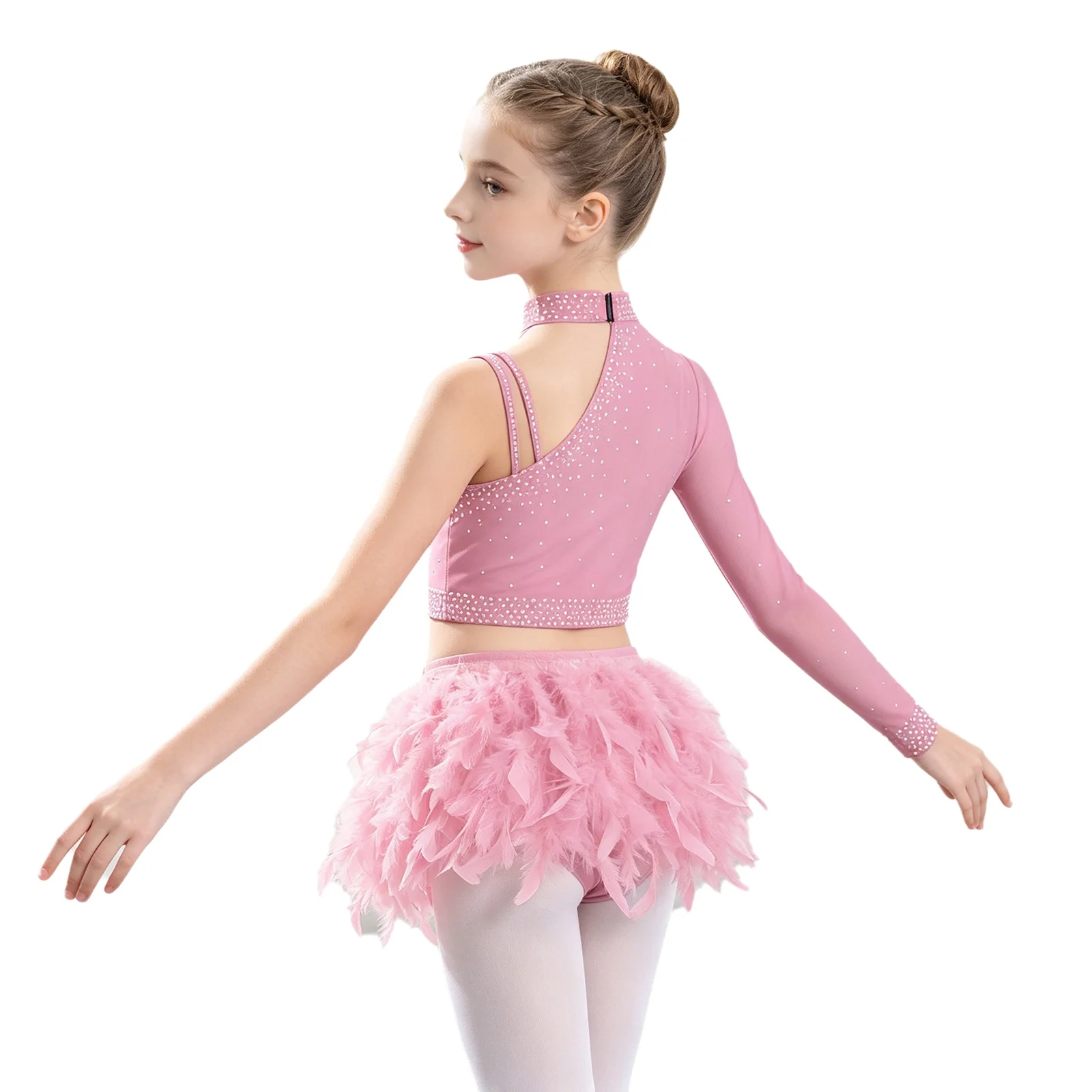 

Kids Girls Ballet Dance Gymnastics Outfits Shiny Rhinestones Crop Top+Feather Briefs Figure Skating Latin Tango Modern Dancewear