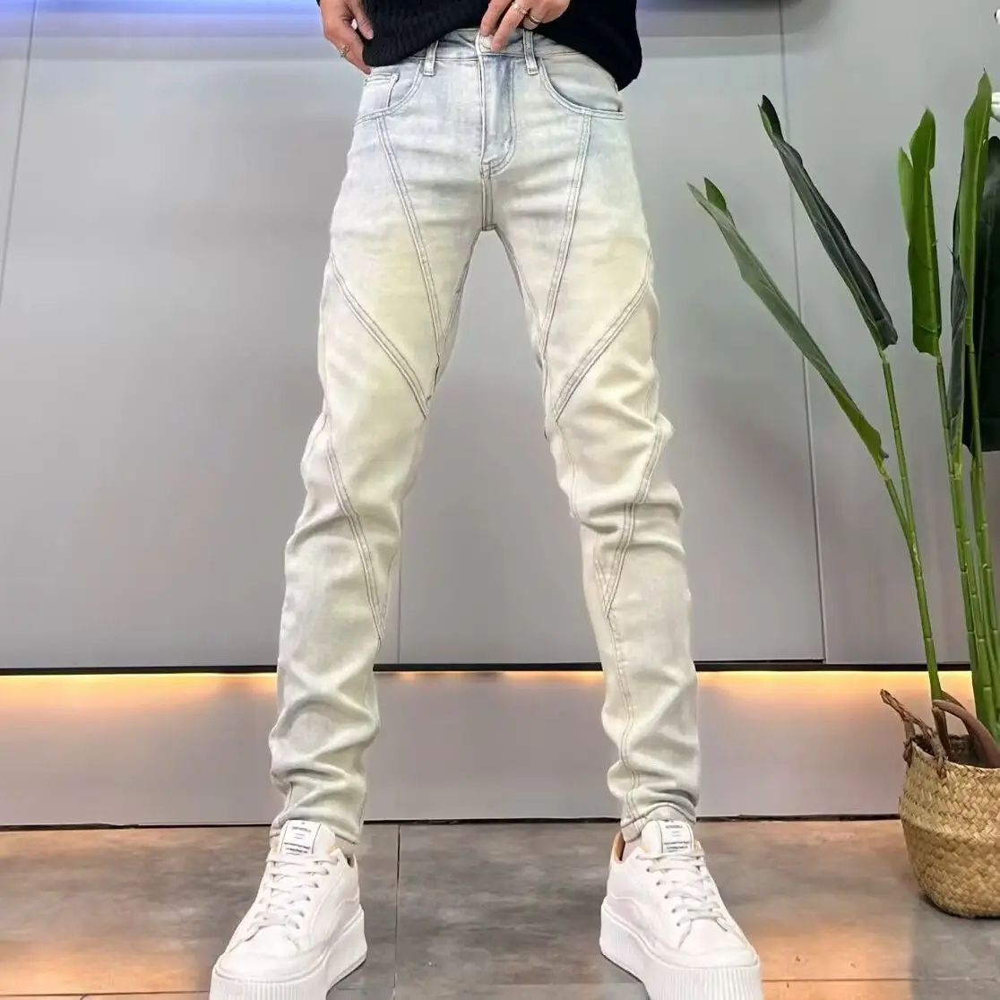 Mud Yellow Splicing Jeans Men's Slim-fitting Small Straight 2025 Spring Autumn New Korean Luxury Designer Casual Long Pants