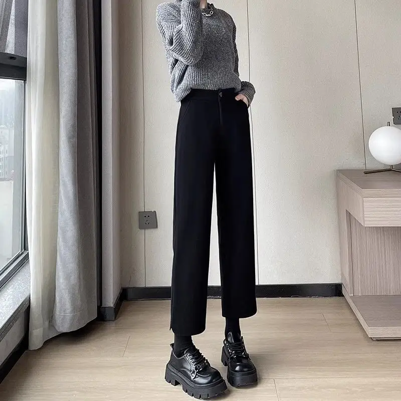 Nine Point Woolen Women's Autumn and Winter High Waisted Short Casual Wide Legged Straight Tube Thick Tube Suit Pants