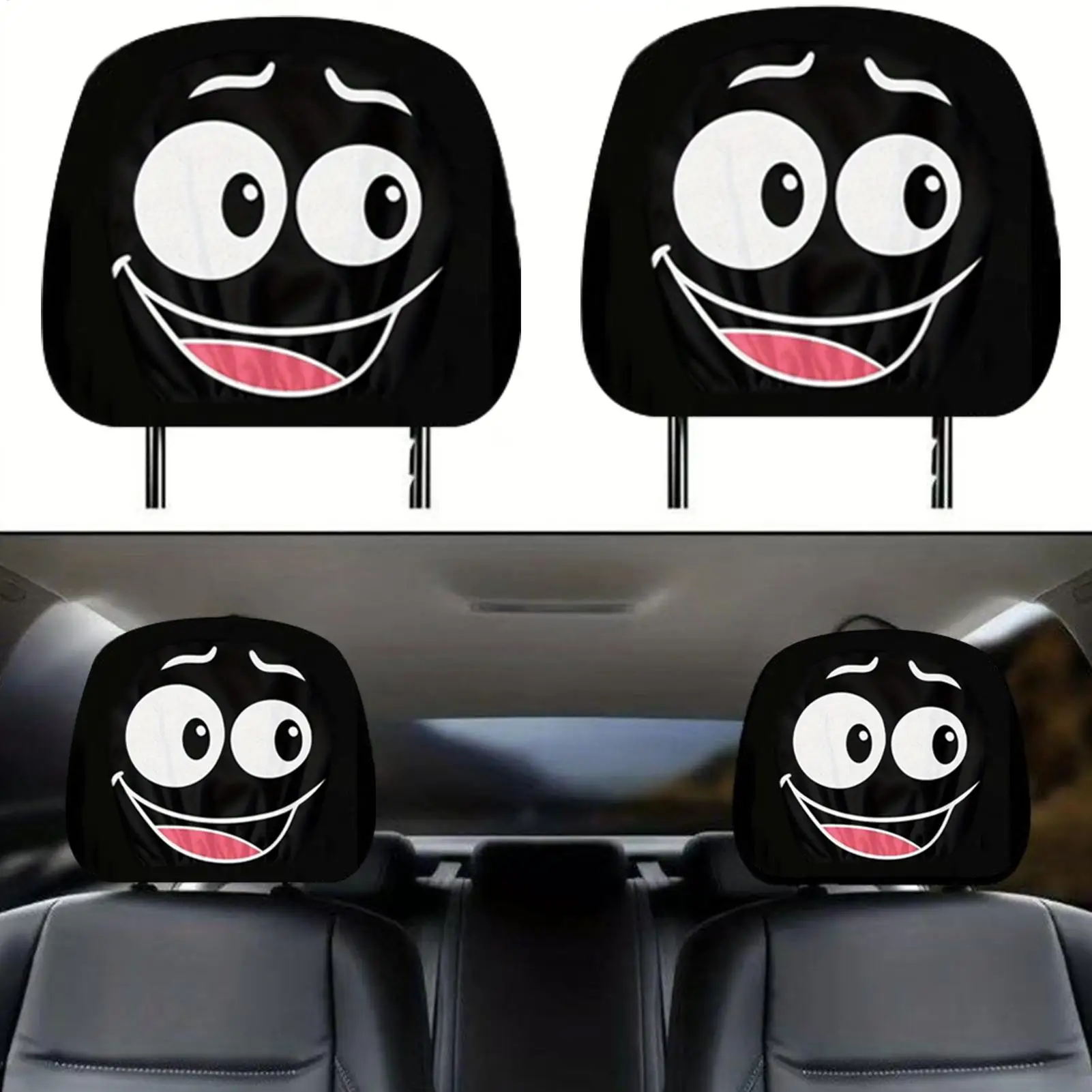 

2pcs Car Headrest Cover Funny Expression Design Breathable Cartoon Interior Seat Headrest Cover SUV Auto For Vehicles Halloween