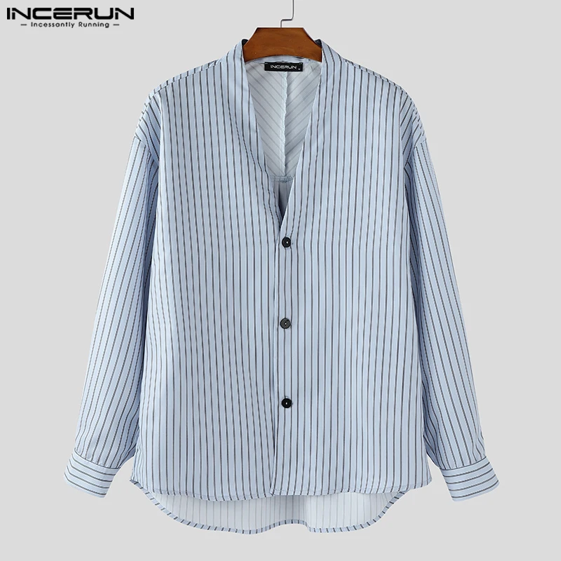 

INCERUN Мужская рубашка в полоску с v-образным вырезом и длинным рукавом на пуговицах Повседневная мужская одежда Уличная одежда Свободные топы в корейском стиле Модные мужские рубашки