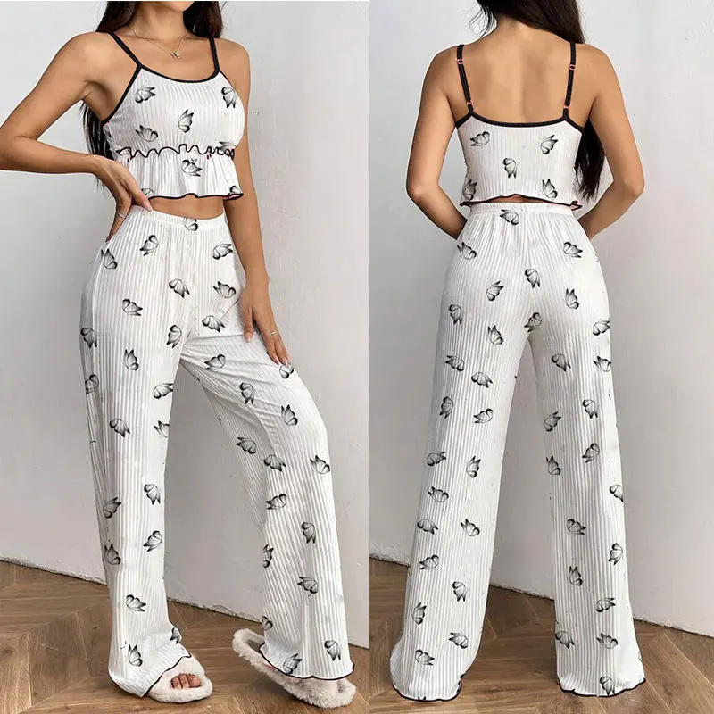 

Весенне-летний женский комплект из топа на тонких бретелях и длинных брюк с принтом, повседневная и сексуальная домашняя одежда, комплект из двух предметов