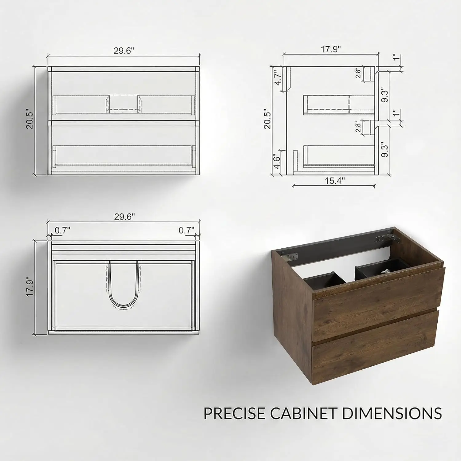 Modern Wall-Mounted Vanity with Engineered Stone Top, 2 Soft-Close Drawers, Spacious Storage for Small Space, Guest, Customized