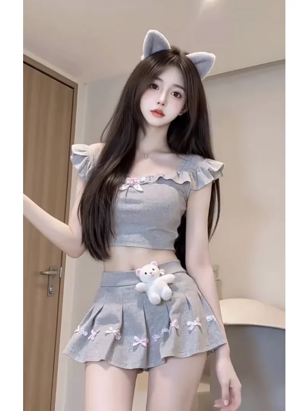Sweet Sexy Short Pleated Skirt Set with Fairy Sleeve Top And  Skirt Slimming Age Reducing Two Piece Set for Women