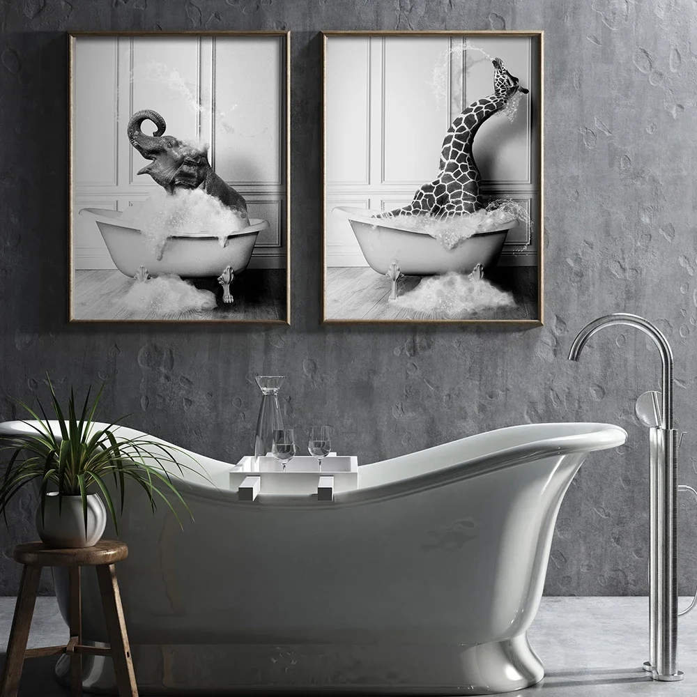 Black White Safari Animals Bath Prints Poster Giraffe Elephant Tiger Zebra Bathroom Canvas Painting Wall Art Picture Home Decor