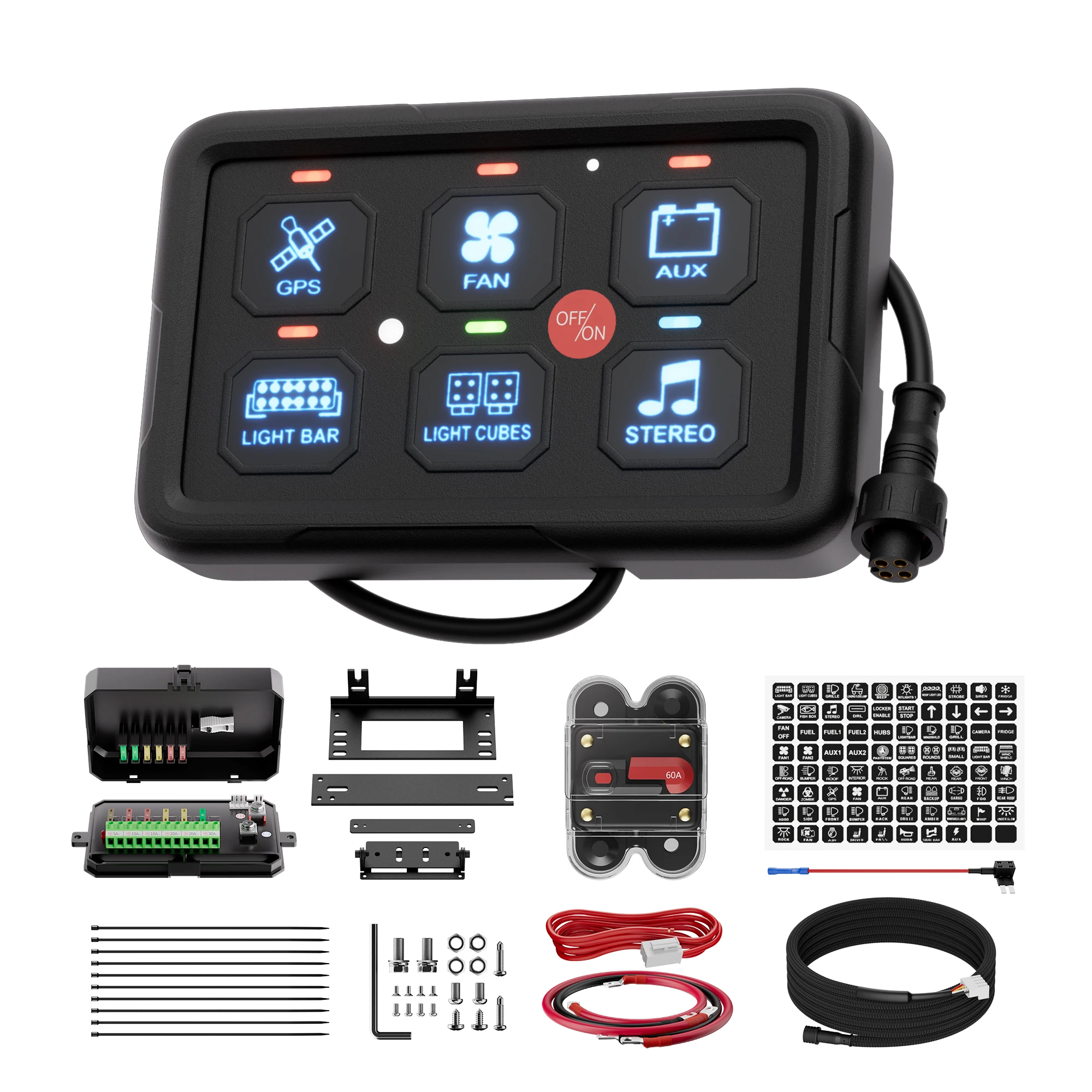 6 Gang Switch Panel 12V 24V RGB Backlit On-Off LED Rocker Switch Panel with Control Box, Automotive Marine Switch Panel Kit