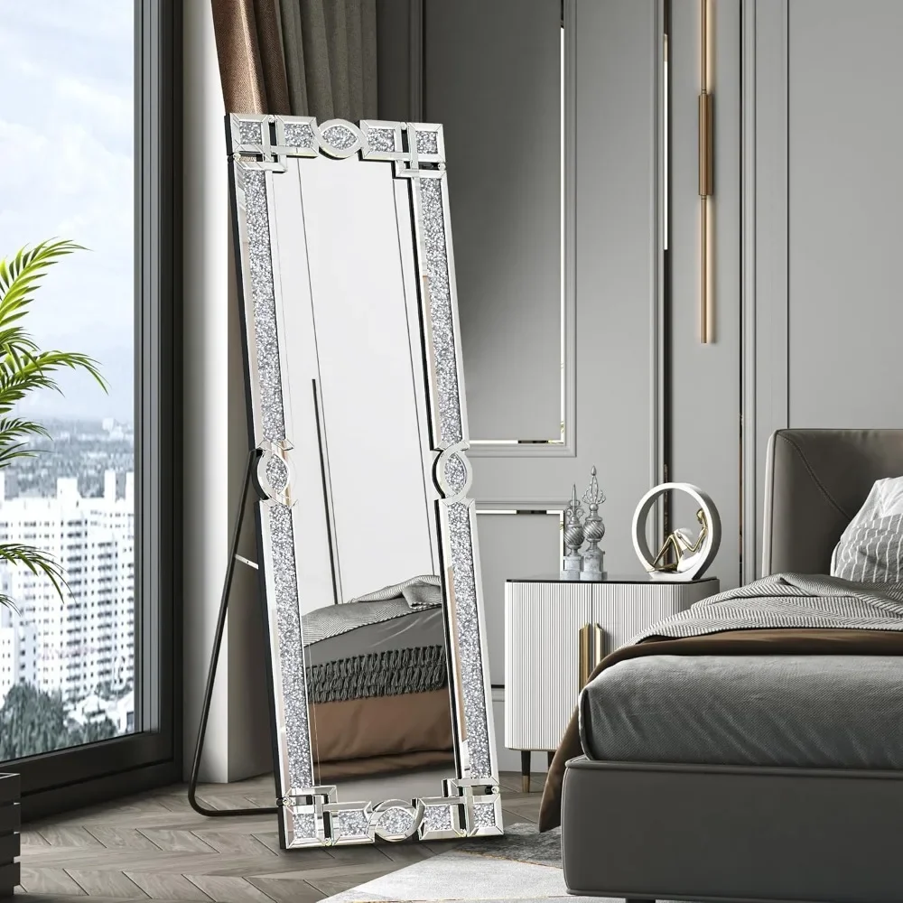 Mirror Full Length-63×21" Crushed Diamond Full Body Mirror Silver Long Floor Standing Mirror For Bedroom Living Room|