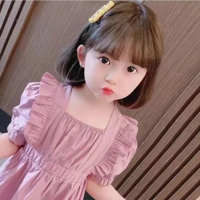 Hair Extensions Synthetic Children Girl Wig Black Bobo Hairstyle Short Straight Bangs Princess Head Cover Wig Hat for Kids Girls