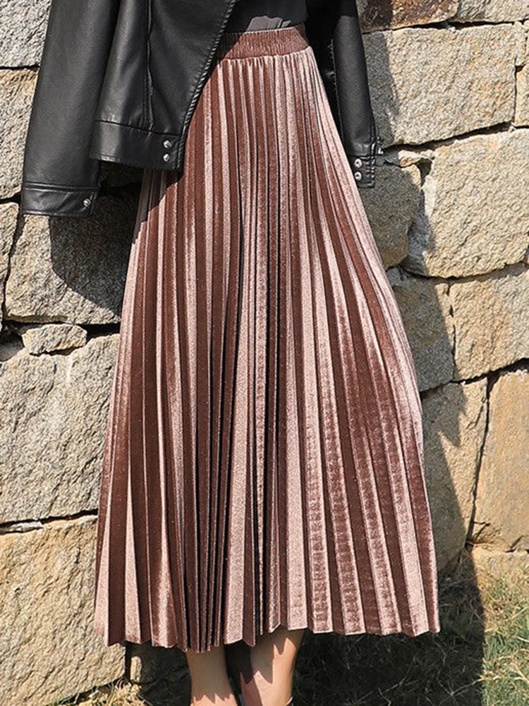 

Pleuche Pleated Skirt Autumn Women Elastic High Waisted Fashion Winter Mid Length A-line Long Gothic Mujer Dance