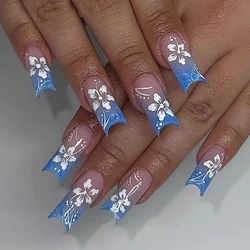 24pcs Medium Coffin Blue Full Cover Fake Nail Set Floral Press On Nails Sakura Design Nail charms Flower For Girl  Women Gift