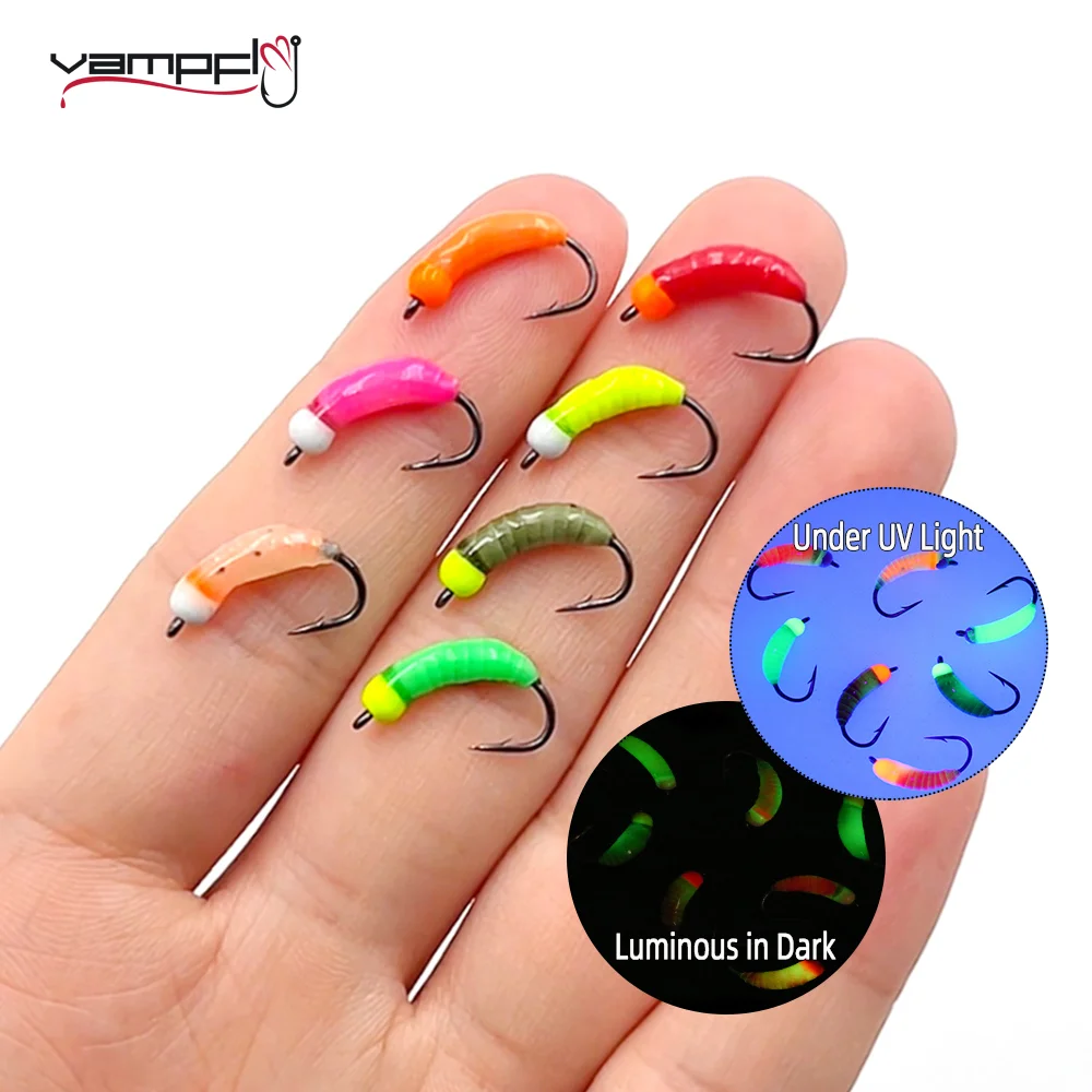 Vampfly 7 uds/8 Uds pesca en hielo latón Beadhead ninfa moscas luminosas Scud insecto gusano mosca Caddis larvas insecto cebo trucha señuelo de pesca