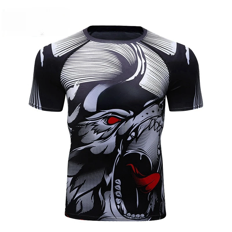 Men Gym Sportswear Short Sleeve Creative Print Kickboxing Training Compression Shirt Sports Running Man Round Neck T-Shirts Tops