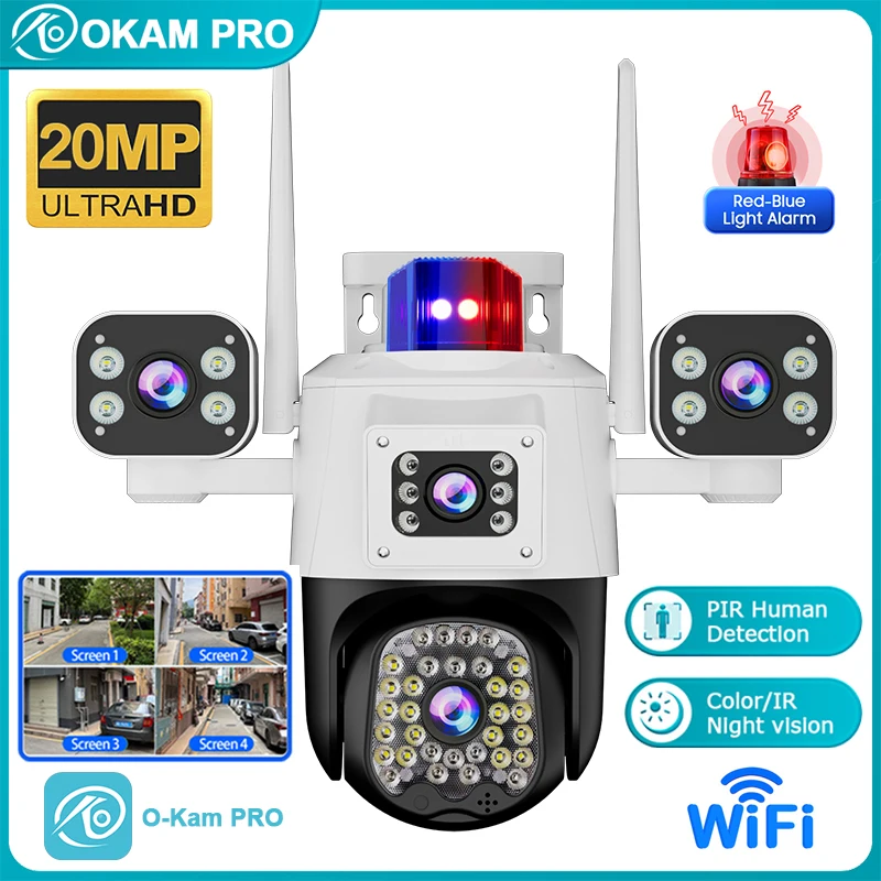

OKAM PRO Wifi Outdoor Camera HD 20MP 4 Lens 4 Screen IP CCTV Waterproof Mobile Tracking Two-way Intercom PTZ Security Camera