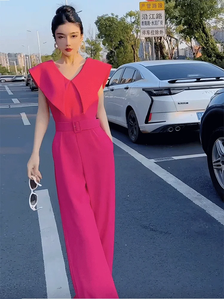 女性エレガントなジャンプスーツソリッドホワイトラウンドネックキャップスリーブハイウエストワイドレッグワンピーススーツカバーオール