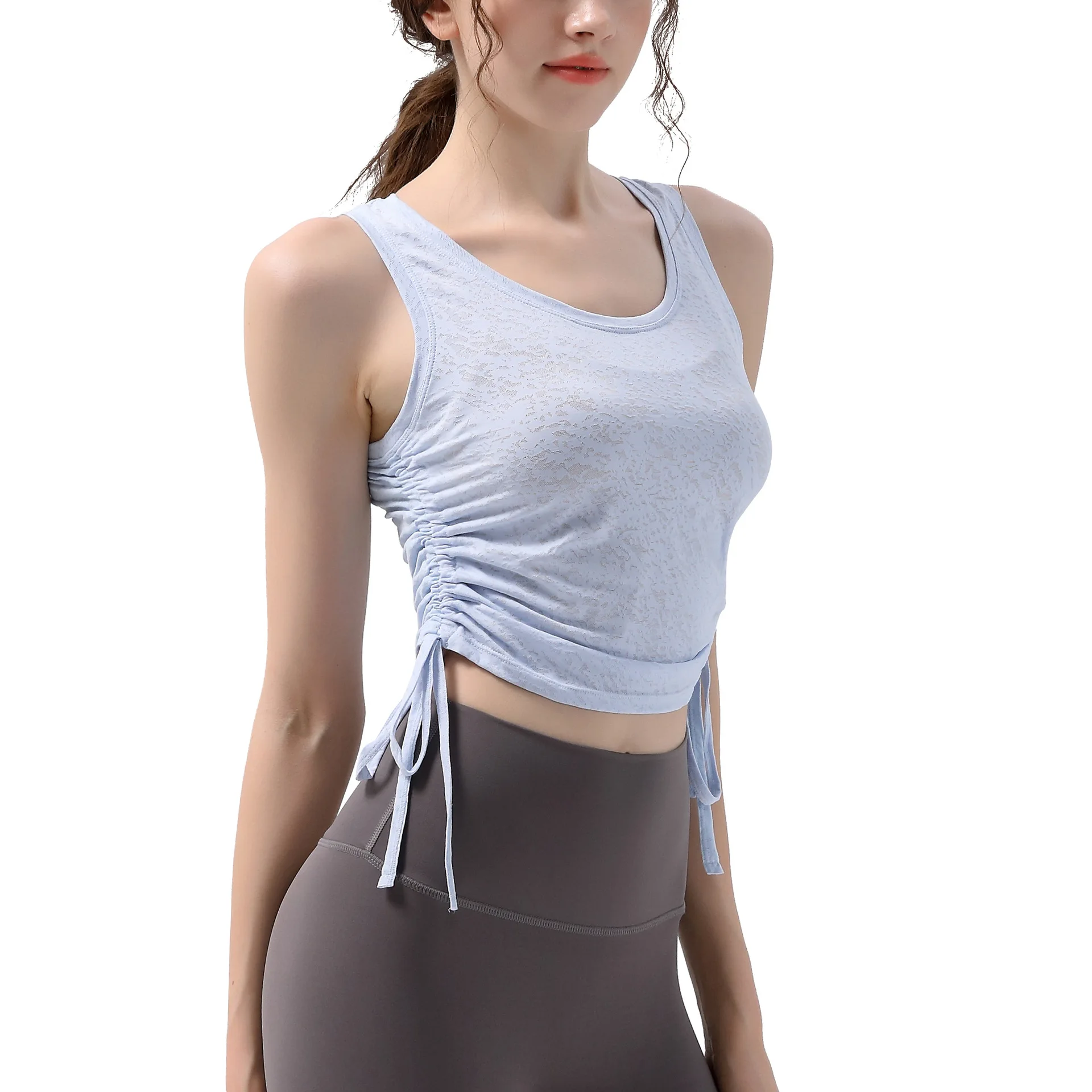 Women's drawstring sports vest,Jacquard thin slim sleeveless Pilates slim top running training fitness Yoga Wear