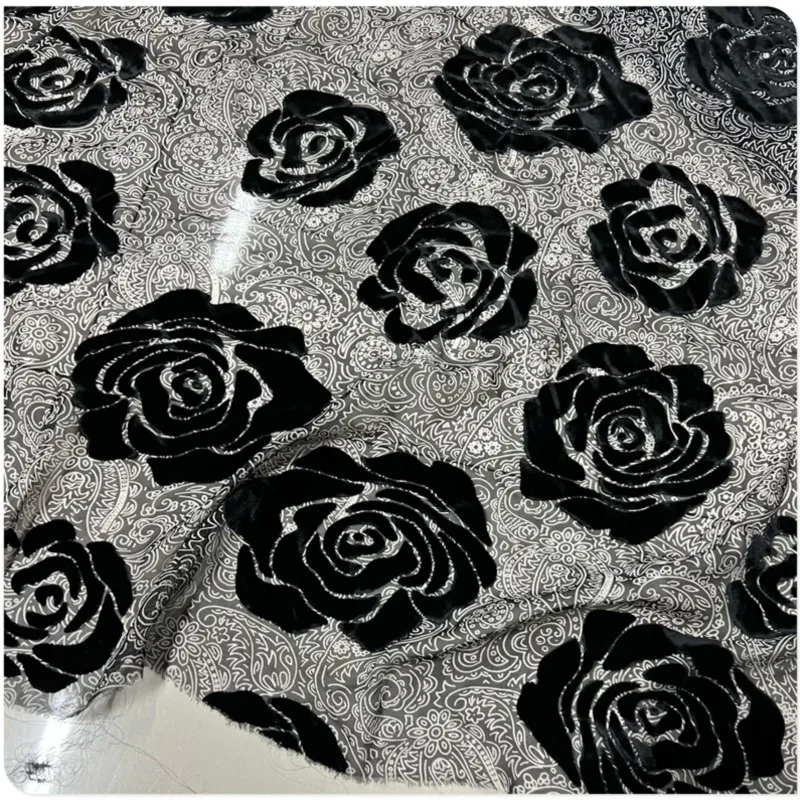 Silk flannelette material cotton velvet black rose jacquard thin transparent dress fashion fabric