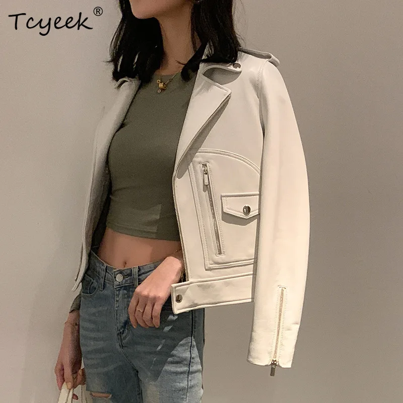 

Women's Moto Biker Zipper Jacket 2023 Spring and Autumn Street Suit Lapel Real Leather Sheepskin Zipper Cuffs Slim Short Coats