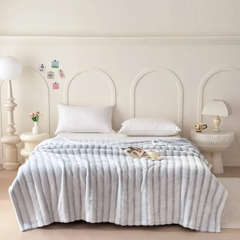 Gradient Striped Rabbit Plush Blanket Multi-functional Soft Plush Throw Blanket Air Conditioning Blanket for Bedroom Sofa Office