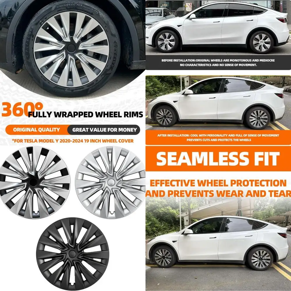 Fits Tesla Model Y 19-Inch Wheel Hub Cover Wheel Covers, 4 Covers Per Pack, Silver, Made of Sturdy PC ABS Material for 2020-2024