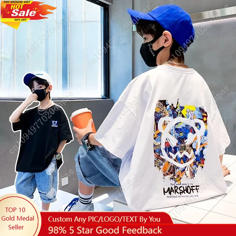 

2023S Ummer Children's Wear Boys' Casual Round Neck T-shirt Cool Cartoon Print Children's Short Sleeve 100% Cotton Pullover Tops