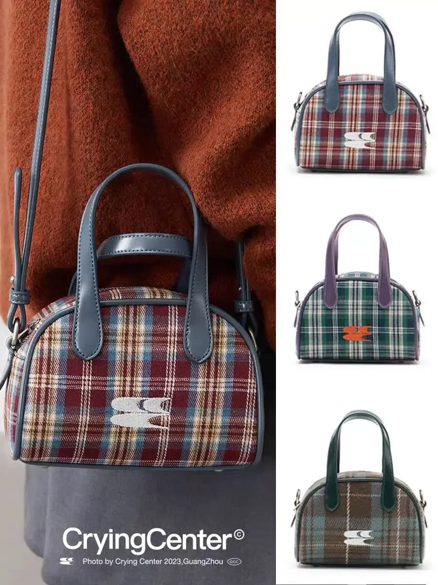 Korean Vintage Plaid Pattern Classical Boston Bag Y2k Aesthetic Streetwear Women Purses and Handbags Trendy Cool Crossbody Bag