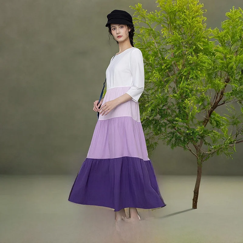 

New 100% Cotton Gradient Color Block Dress Layers Casual Style Spring A-Line Skirt Seven Sleeve round Neck Pullover Dress