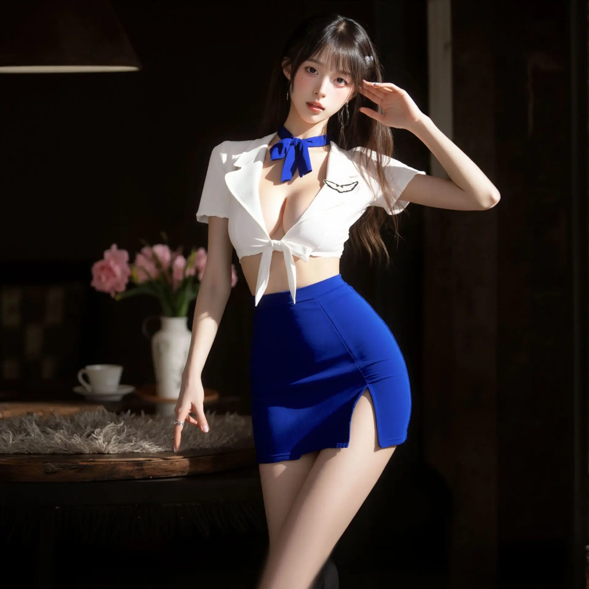 السيدات الملابس الداخلية المثيرة مثير عميق الخامس لا خلع مجموعة لعب الأدوار منتصف الليل السرير إغراء الرغبة النقية مضيفات موحدة