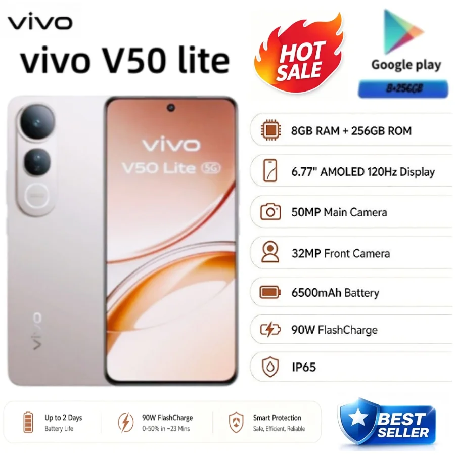 2026 new VIVO V50 Lite 5G 8GB+256GB Phone, Dimensity 6300, 6.77-inch 120Hz AMOLED, 50MP Sony Camera, 6500mAh, 90W FlashCharge