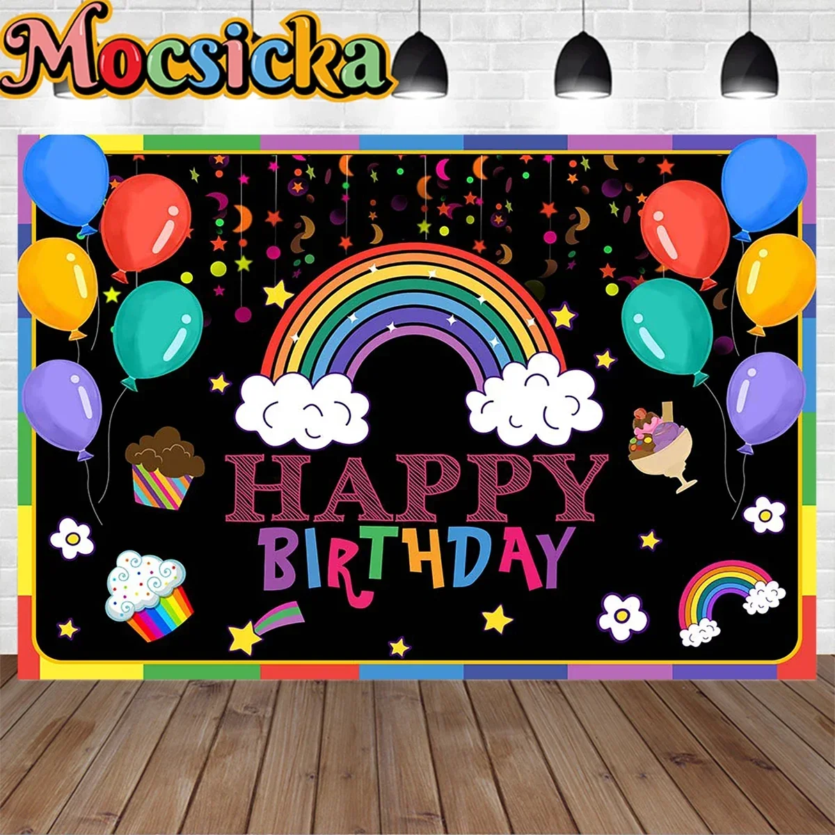 

Cute Baby Happy Birthday Balloon Decoration Background Ice Cream Cake Dessert Rainbow Star Black Backdrop Prop Newborn Photocall