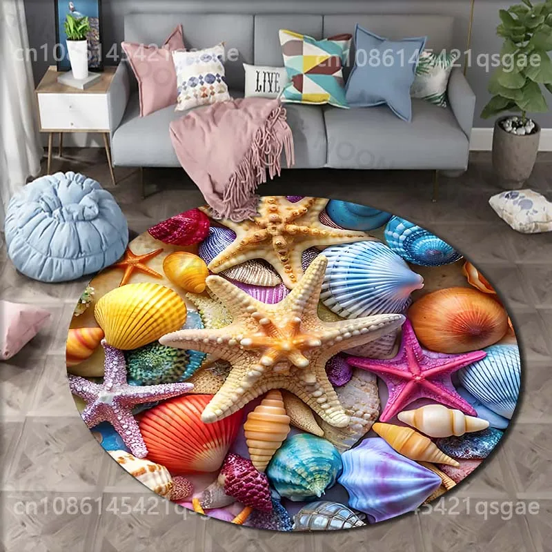 Multiple sizes Starfish and colorful shells Print Round Carpet for Living Room Bedroom Sofa Table Floor Mat Area Rug Luxury Gift